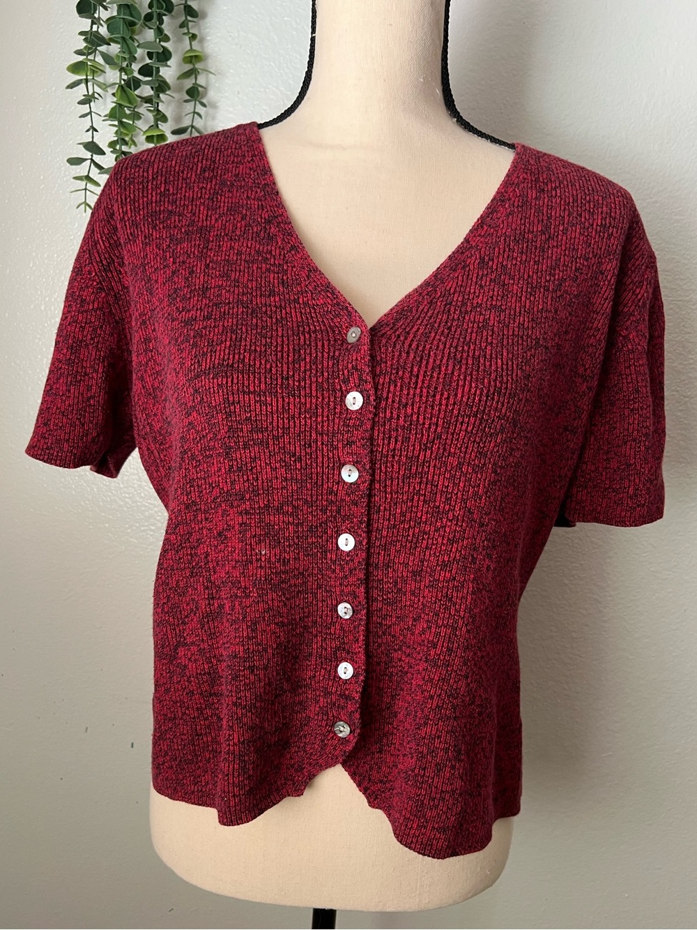 Vintage Red Button-Front V-Neck Knit Top